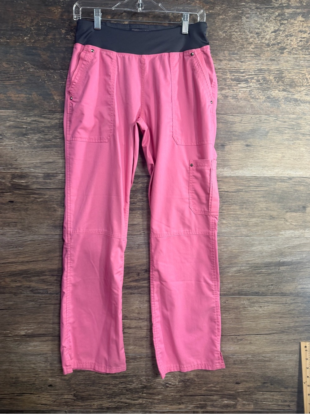 healing hands Pink Cargo Scrub Pants with Black Waistband